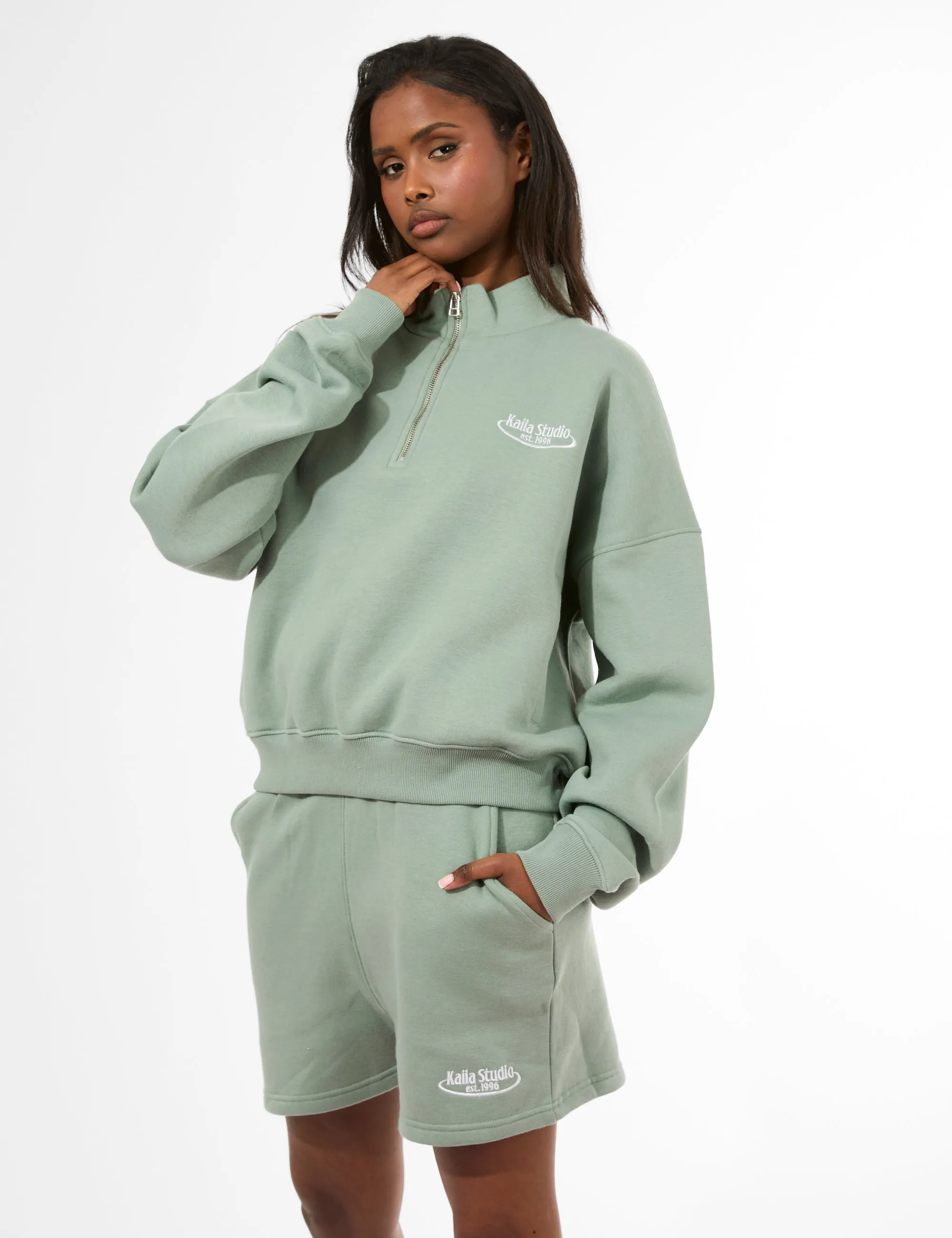 Kaiia Running Club Logo Quarter Zip Sweatshirt Green Tea sold by Public Desire product image thumbnail 3