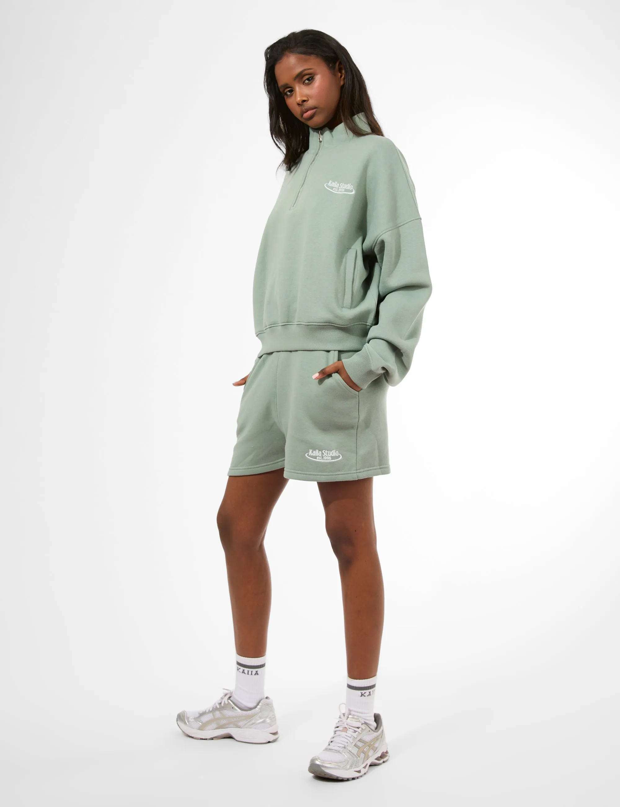 Kaiia Running Club Logo Quarter Zip Sweatshirt Green Tea sold by Public Desire product image thumbnail 4