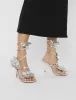 Lotus Silver Mirror & Silver Flower Trim Wrap Around Flared Stiletto High Heels sold by Public Desire