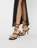 Lotus Black Satin & Gold Flower Trim Wrap Around Flared Stiletto High Heels sold by Public Desire