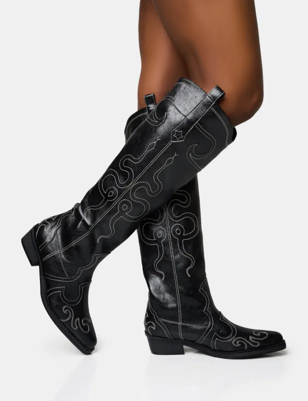 Serpentine Black Snake Embroidered Flat Knee High Western Boots sold by Public Desire