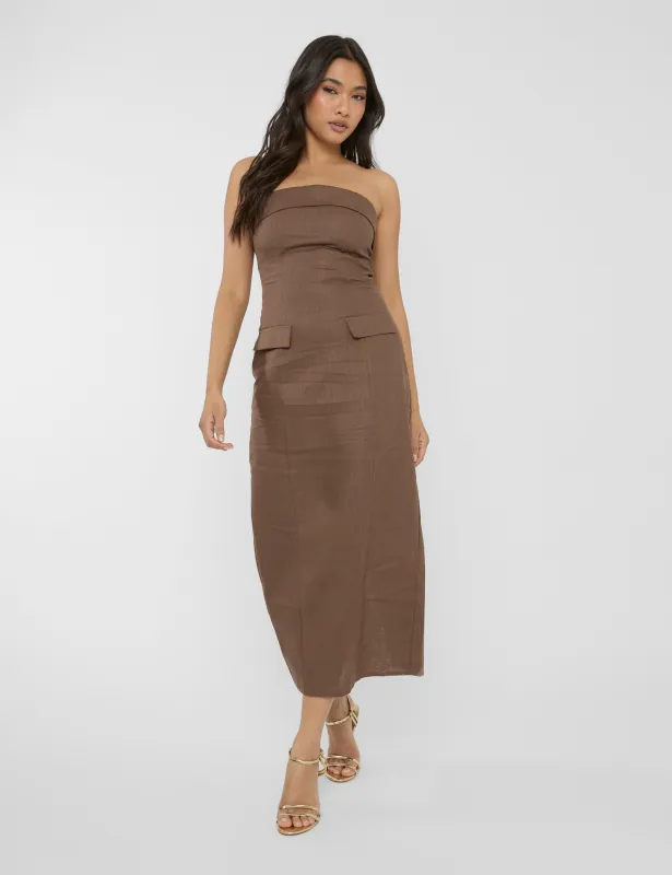 Linen Look Tailored Fold Over Bandeau Pocket Detail Midi Dress Chocolate sold by Public Desire