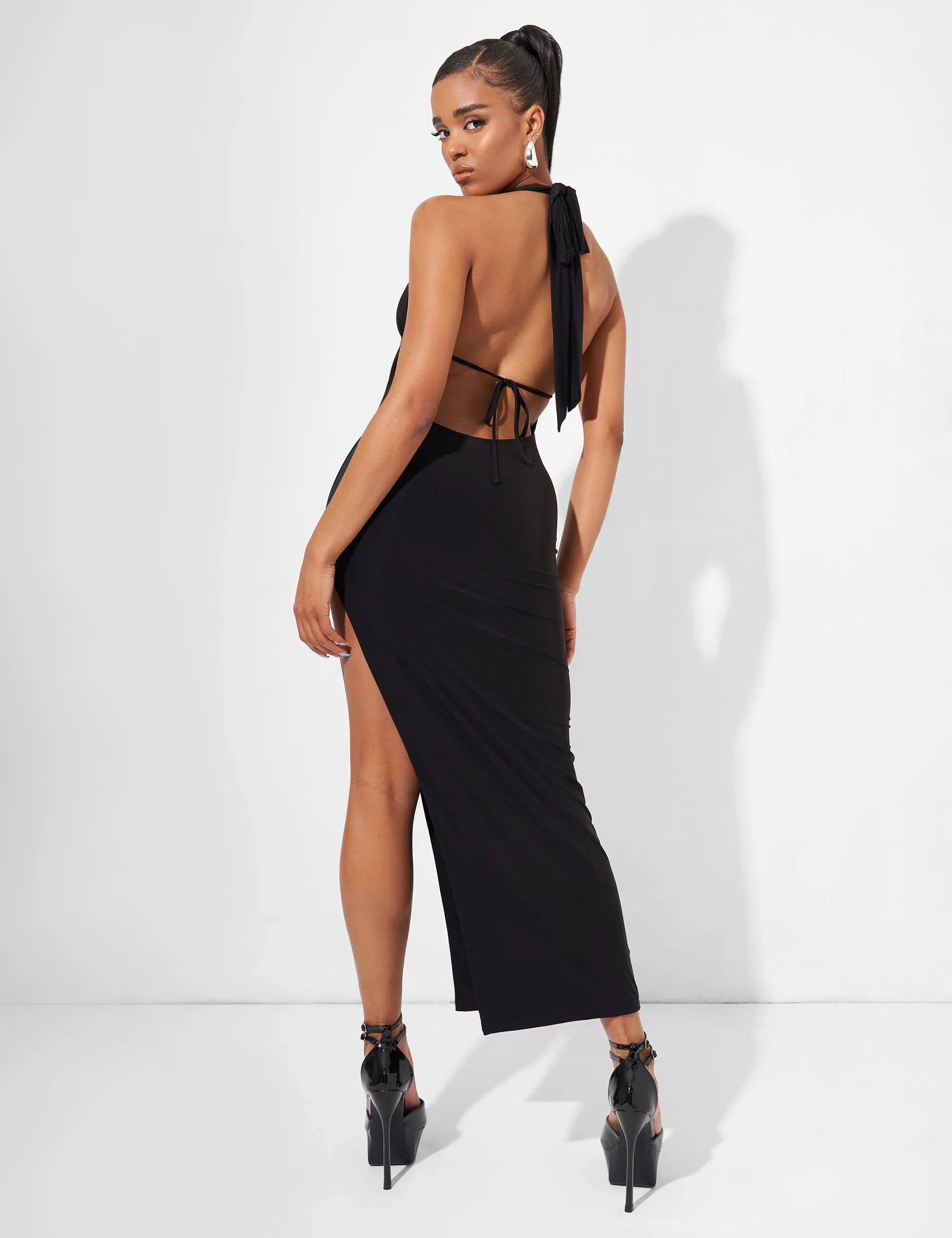 Deep Plunge Bar Detail Side Split Maxi Dress in Black sold by Public Desire product image thumbnail 4