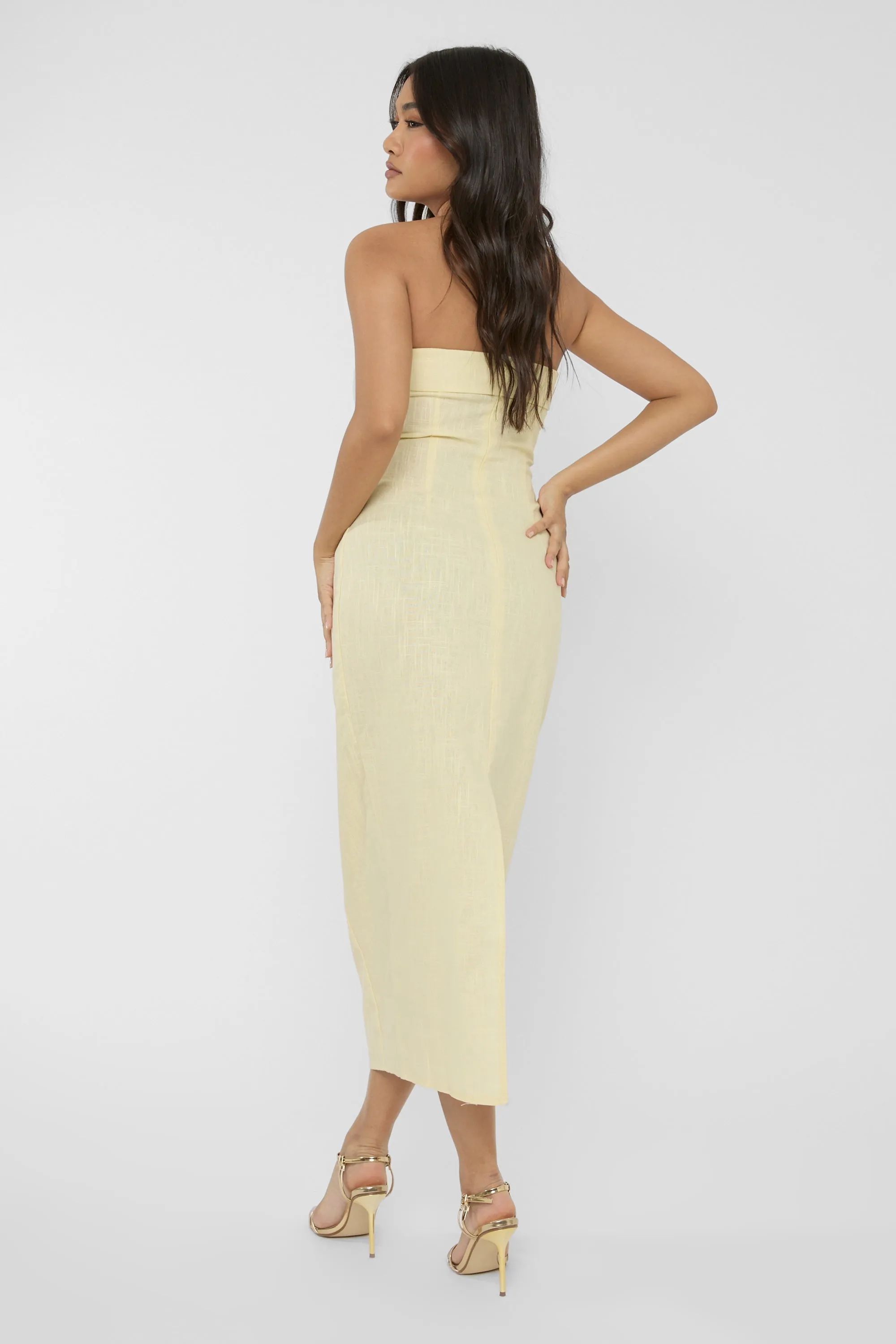 Linen Look Tailored Fold Over Bandeau Pocket Detail Midi Dress Yellow sold by Public Desire product image thumbnail 3