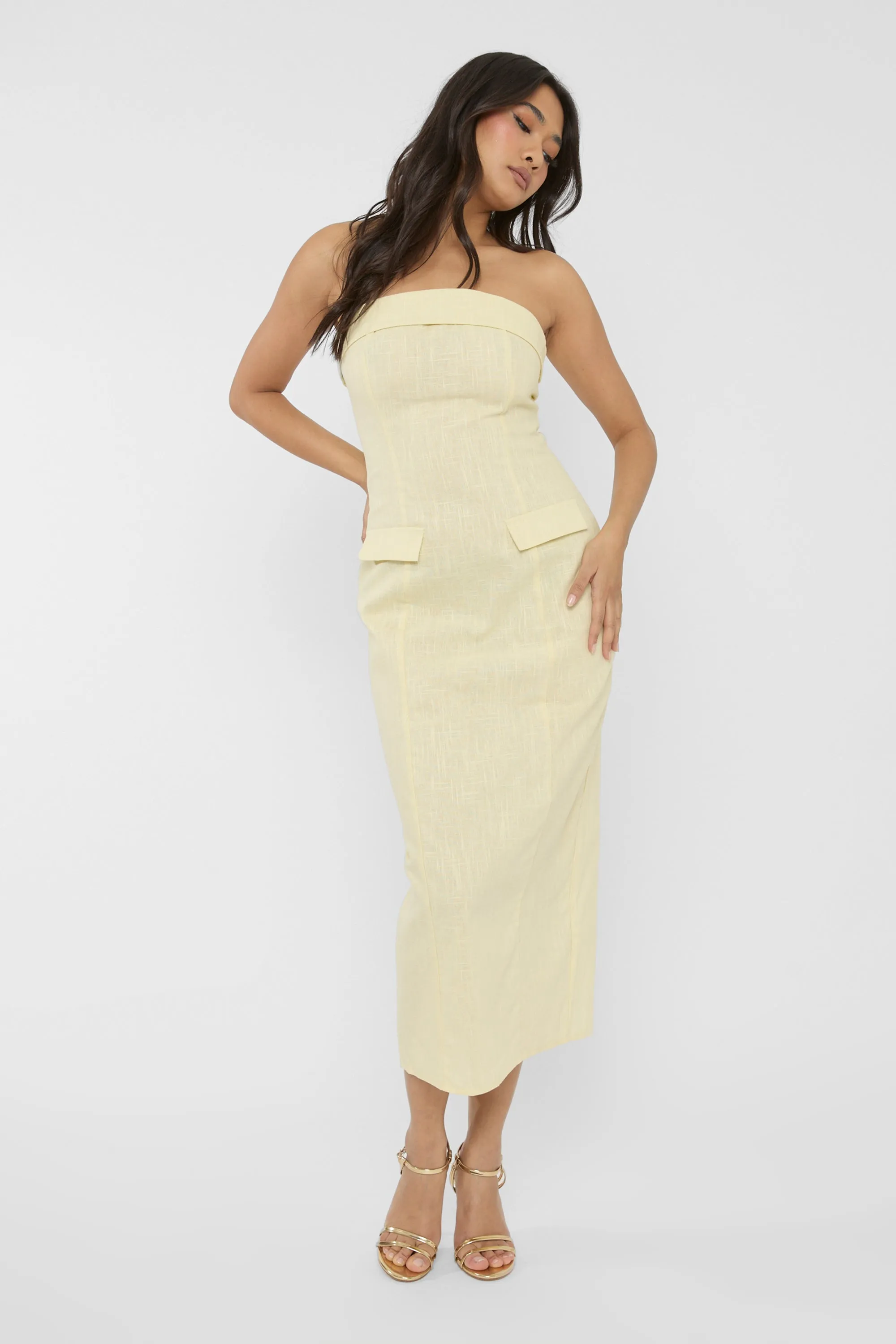 Linen Look Tailored Fold Over Bandeau Pocket Detail Midi Dress Yellow sold by Public Desire