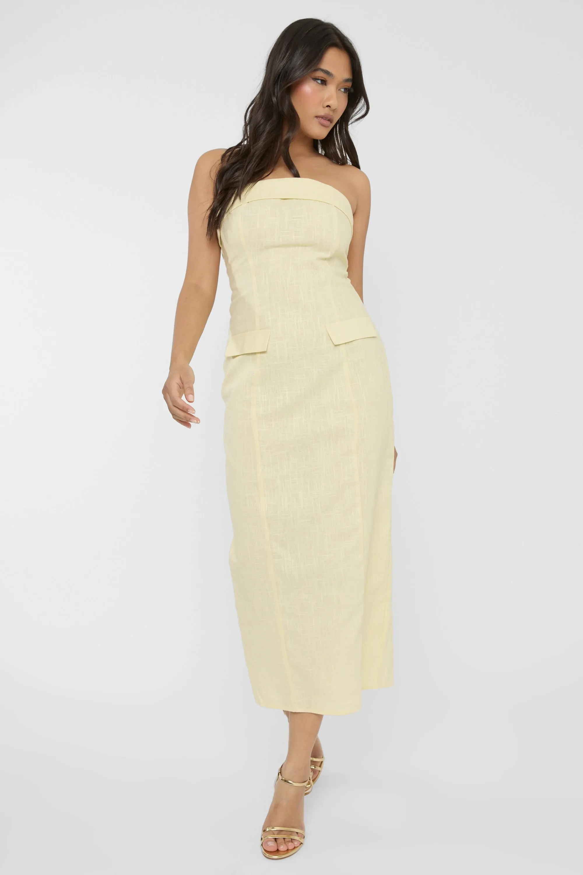 Linen Look Tailored Fold Over Bandeau Pocket Detail Midi Dress Yellow sold by Public Desire product image thumbnail 2