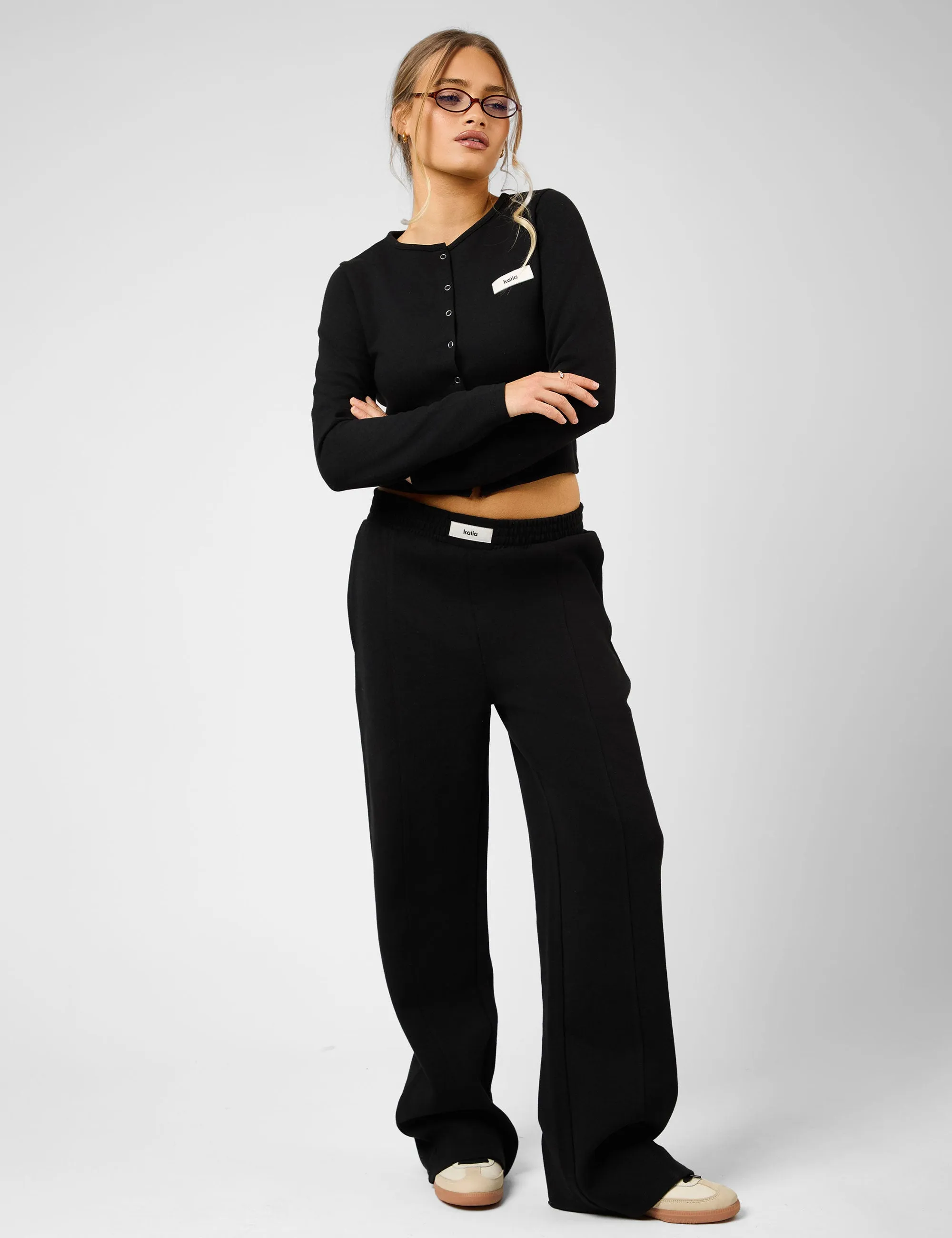 Kaiia Label Logo Premium Interlock Seam Detail Wide Leg Joggers Black sold by Public Desire