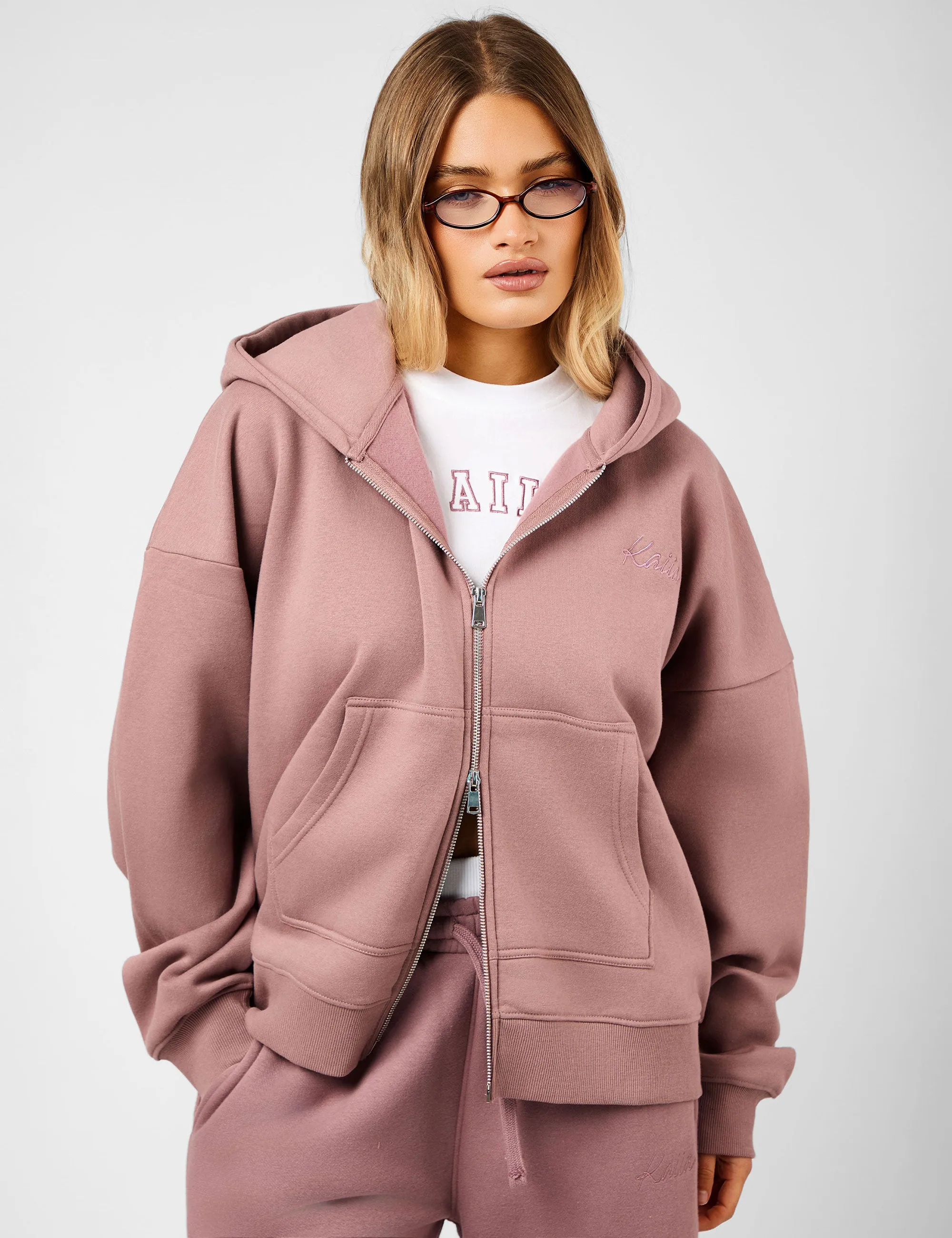 Kaiia Script Logo Double Ended Zip Through Oversized Hoodie Rosewood sold by Public Desire