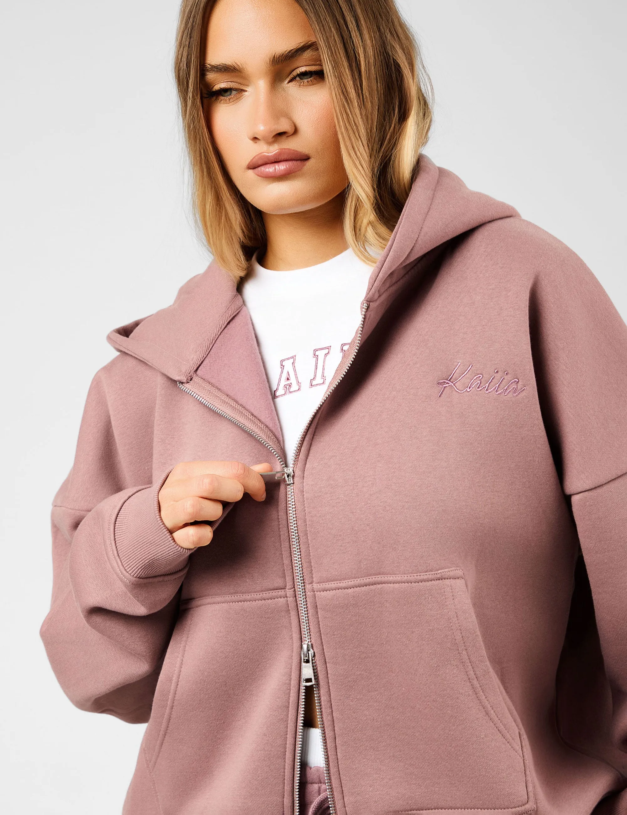 Kaiia Script Logo Double Ended Zip Through Oversized Hoodie Rosewood sold by Public Desire product image thumbnail 2