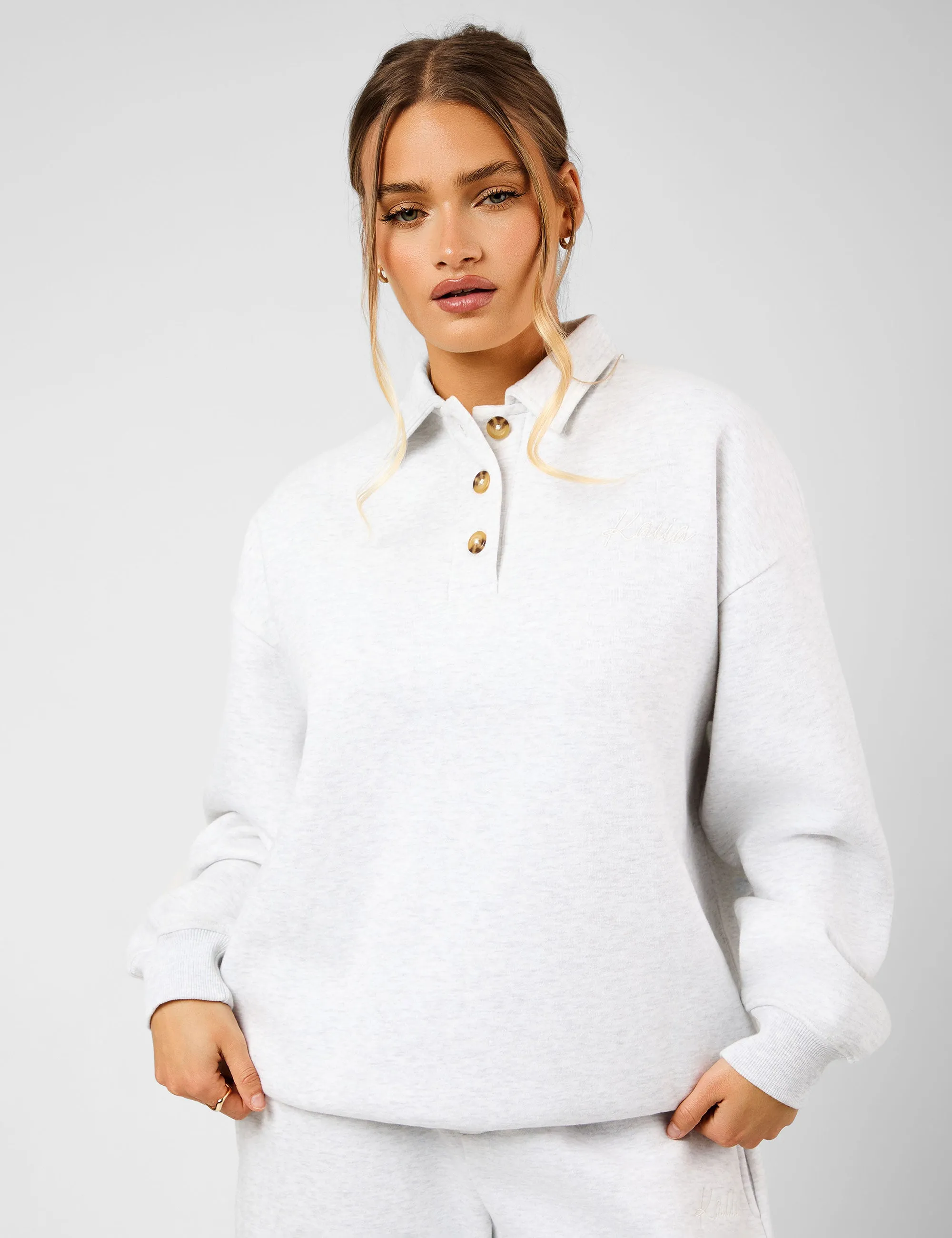 Kaiia Script Logo Button Detail Collar Sweatshirt Light Grey Marl sold by Public Desire