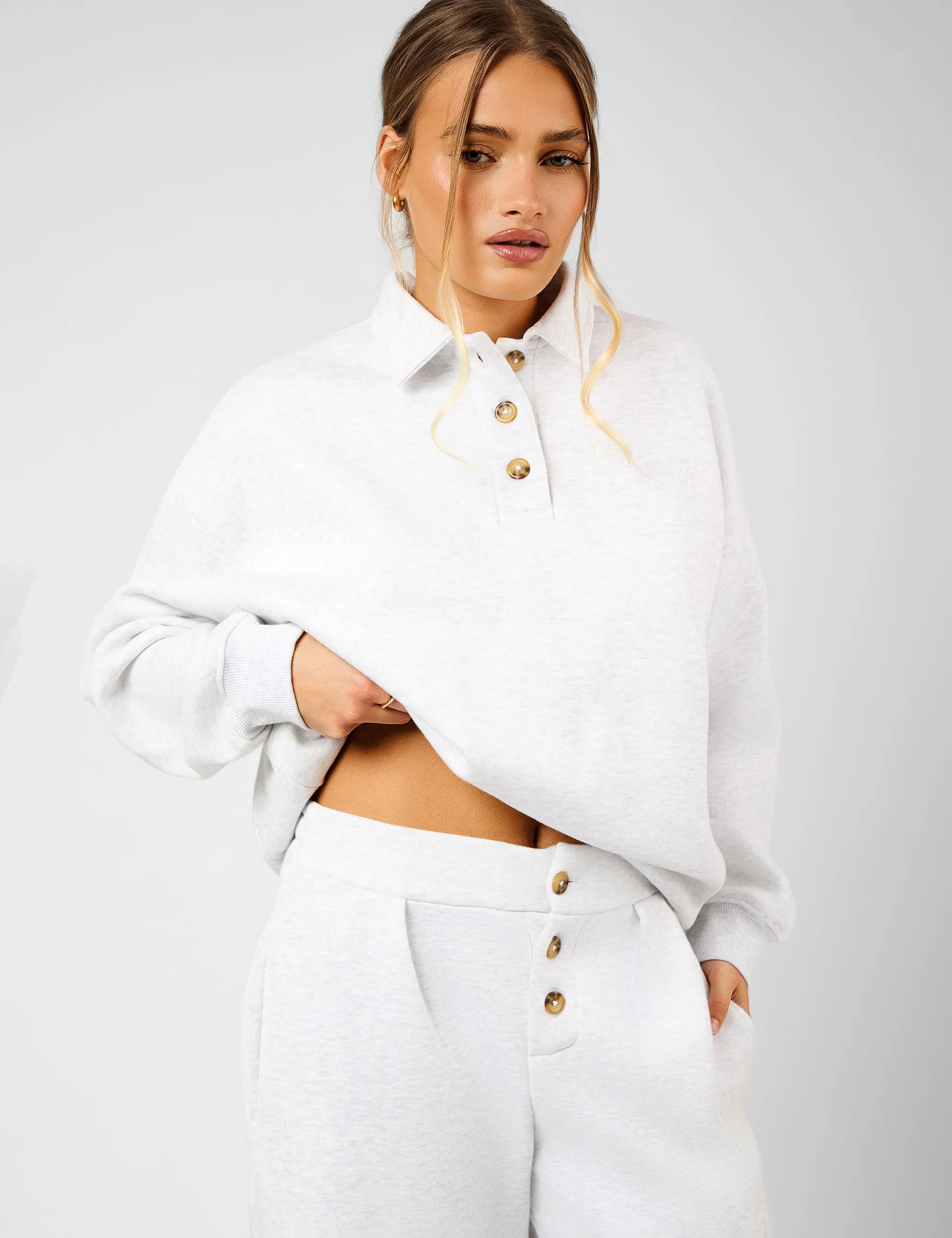 Kaiia Script Logo Button Detail Collar Sweatshirt Light Grey Marl sold by Public Desire product image thumbnail 2