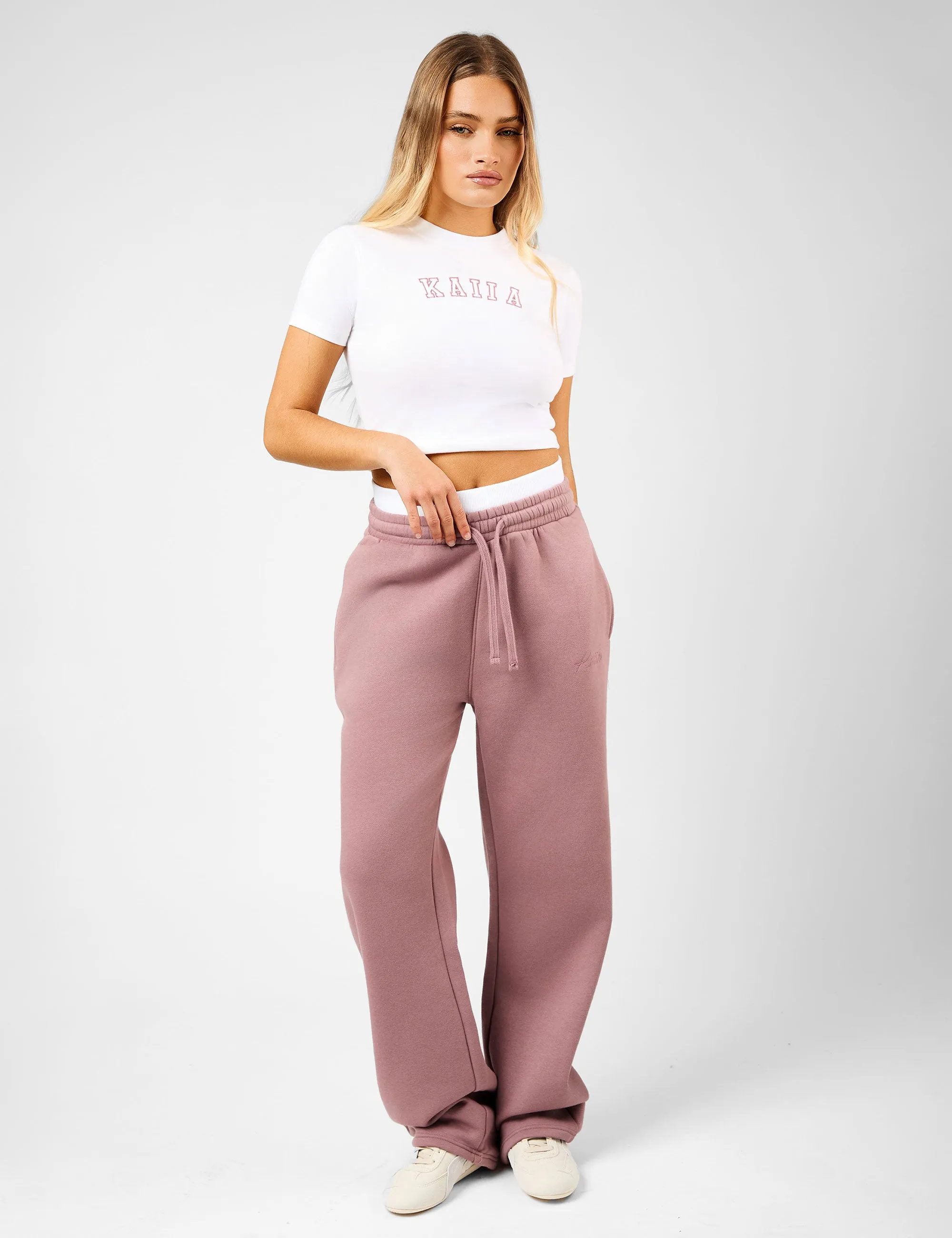 Kaiia Script Logo Exposed Waistband Wide Leg Joggers Rosewood sold by Public Desire