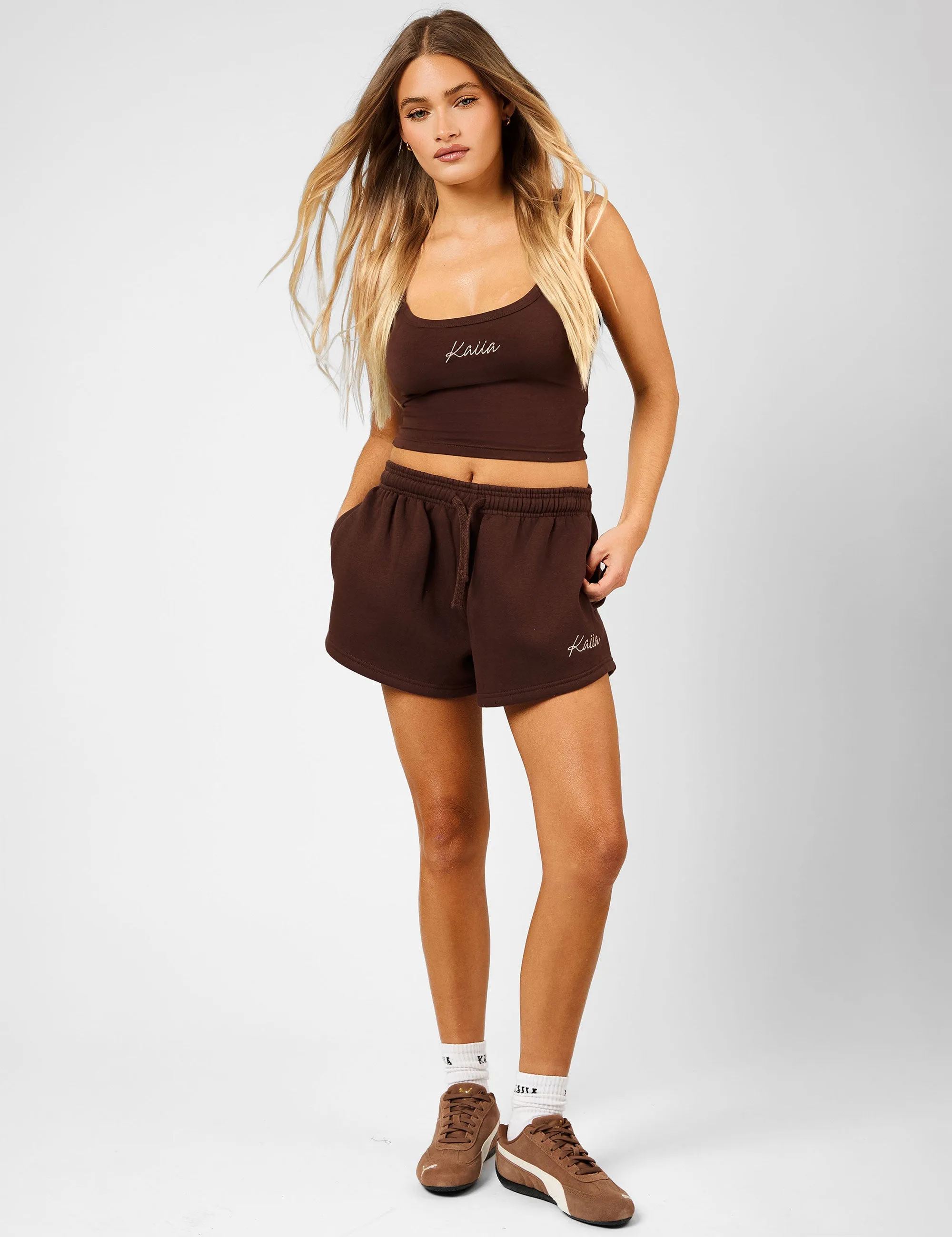 Kaiia Script Logo Mini Sweat Shorts Peppercorn sold by Public Desire