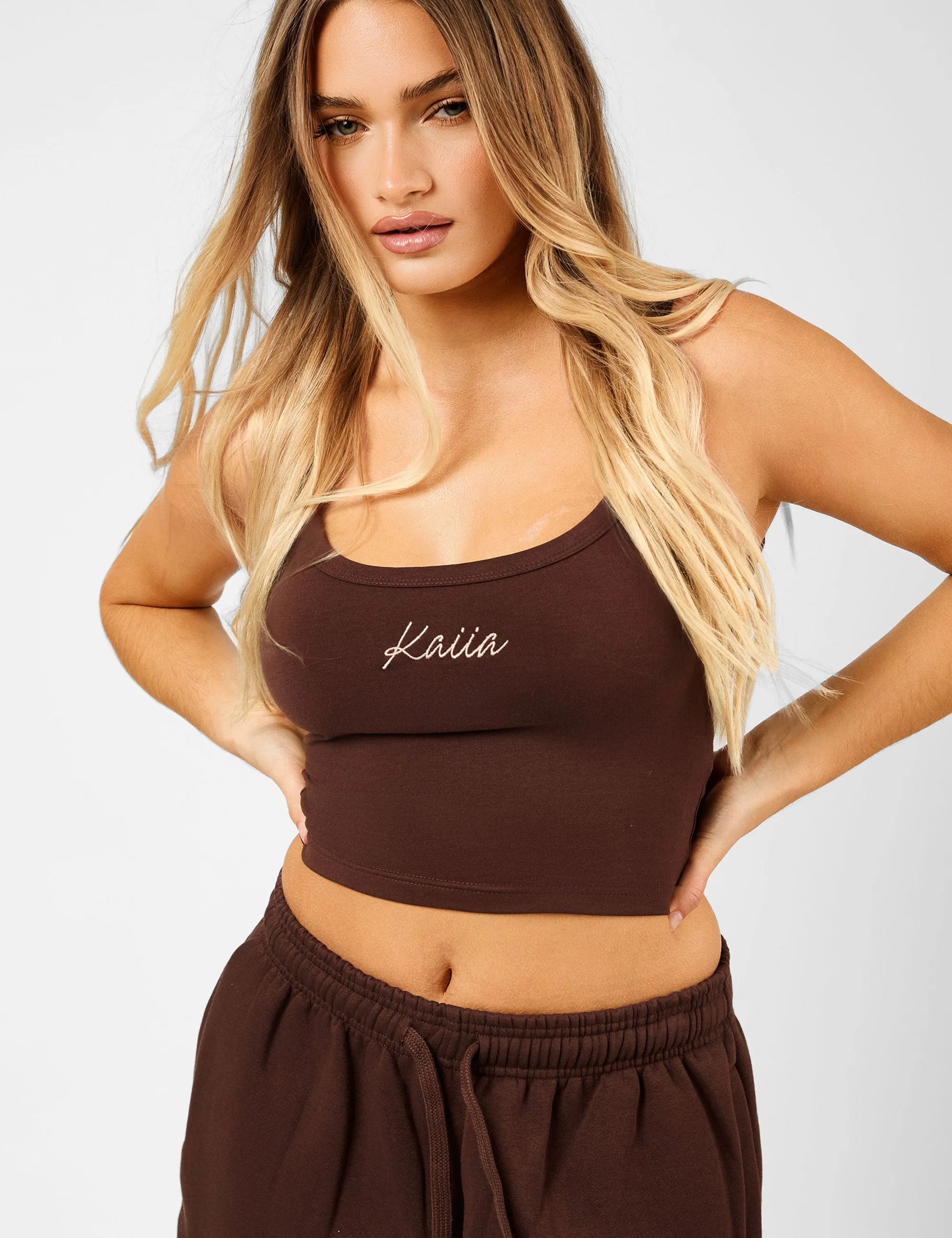 Kaiia Script Logo Vest Top Peppercorn sold by Public Desire