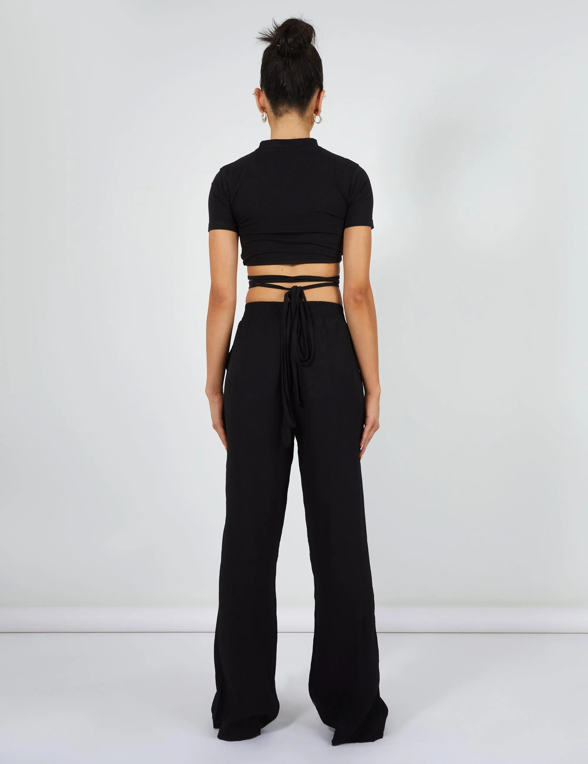Crinkle Elasticated Waist Wide Leg Trousers Black sold by Public Desire product image thumbnail 4
