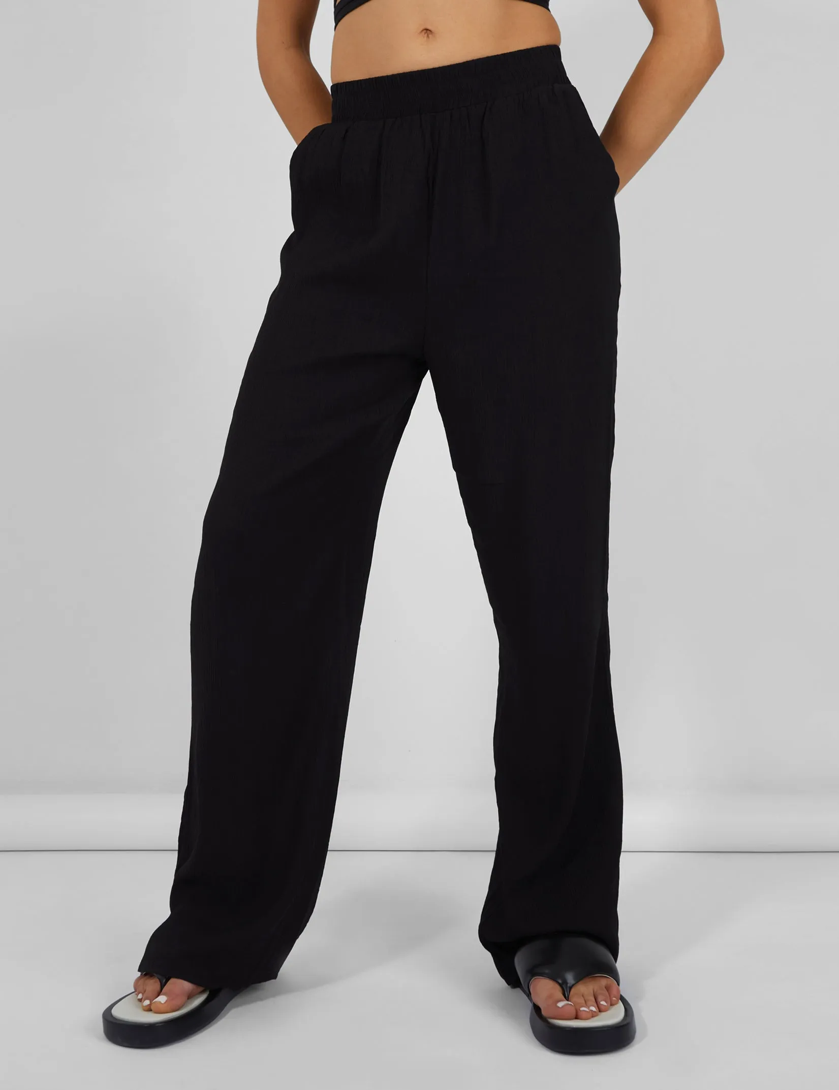 Crinkle Elasticated Waist Wide Leg Trousers Black sold by Public Desire product image thumbnail 2