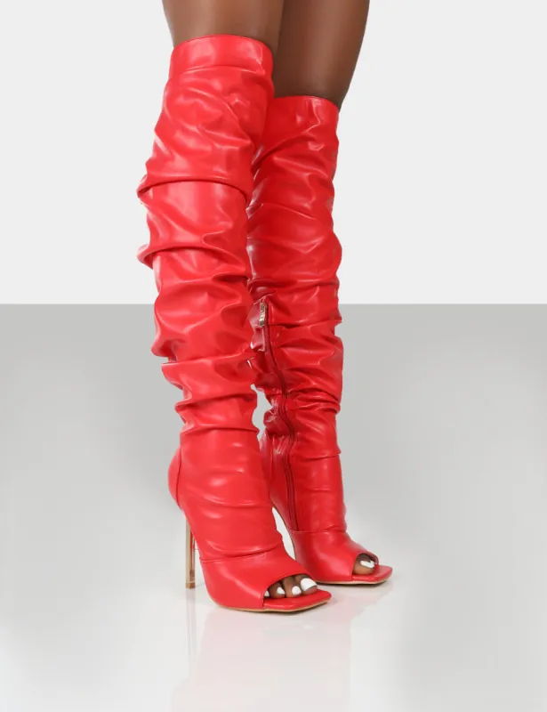 Surrender Red Ruched Knee High Stilleto Open Toe Boots sold by Public Desire