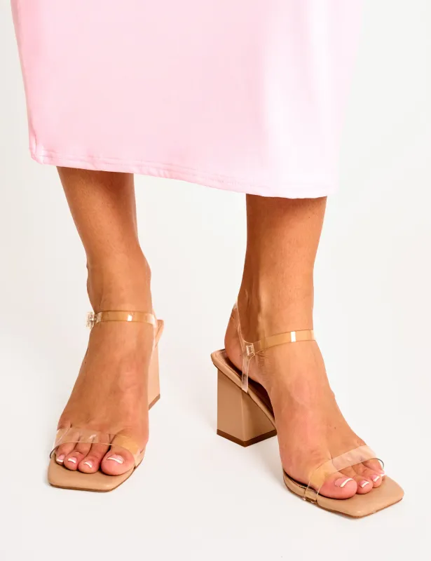 Maryse Nude Perspex Pu Barely There Mid Block Heels sold by Public Desire