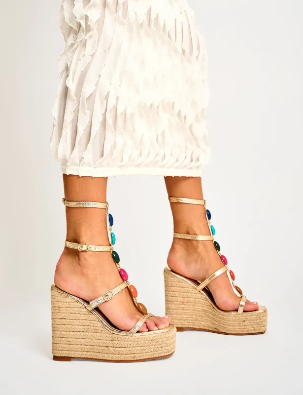 Iliana Cracked Gold Pu Beaded Trim Strappy Jute Wedges sold by Public Desire