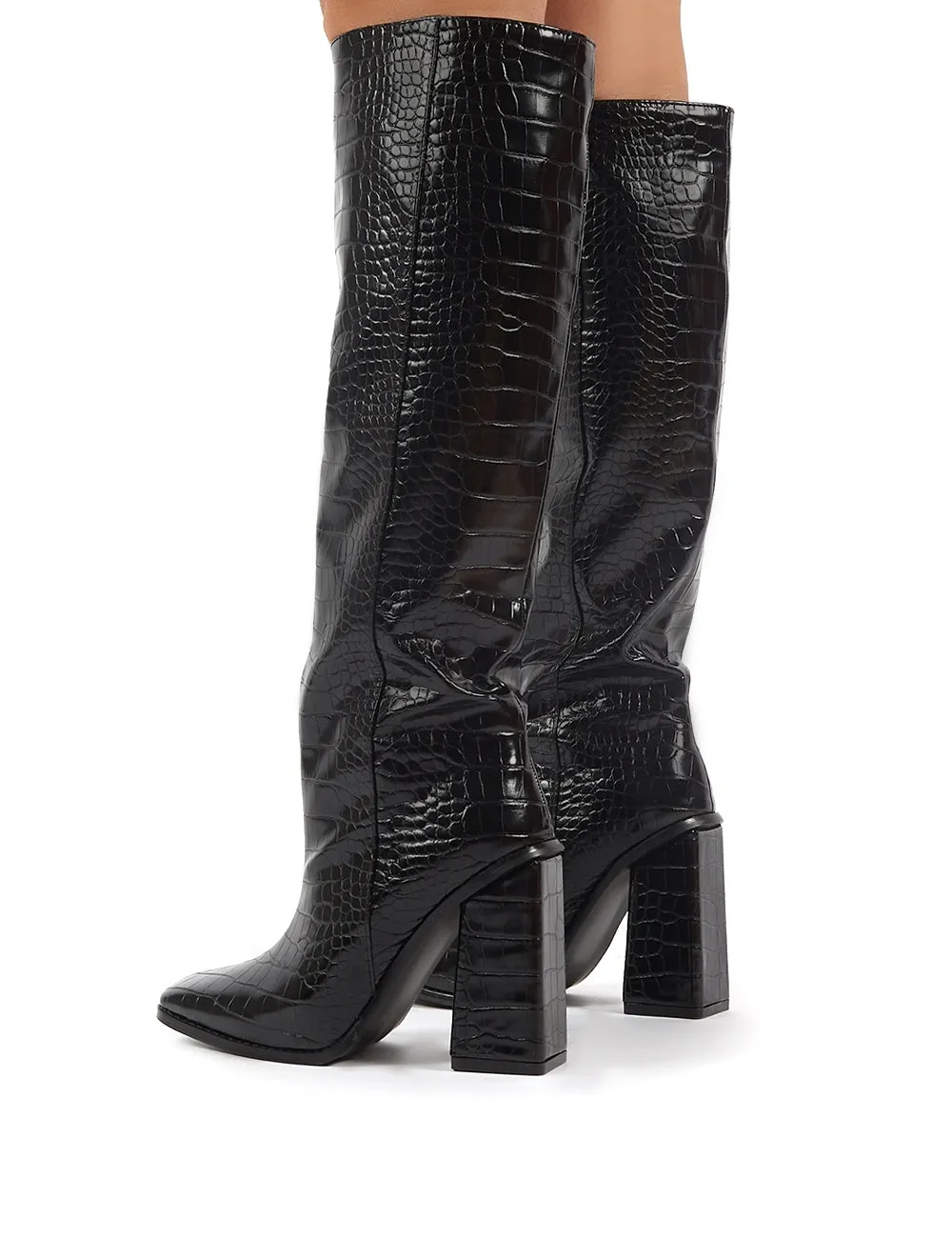 Zina Black Croc Square Toe Block Heeled Knee High Boots sold by Public Desire product image thumbnail 3