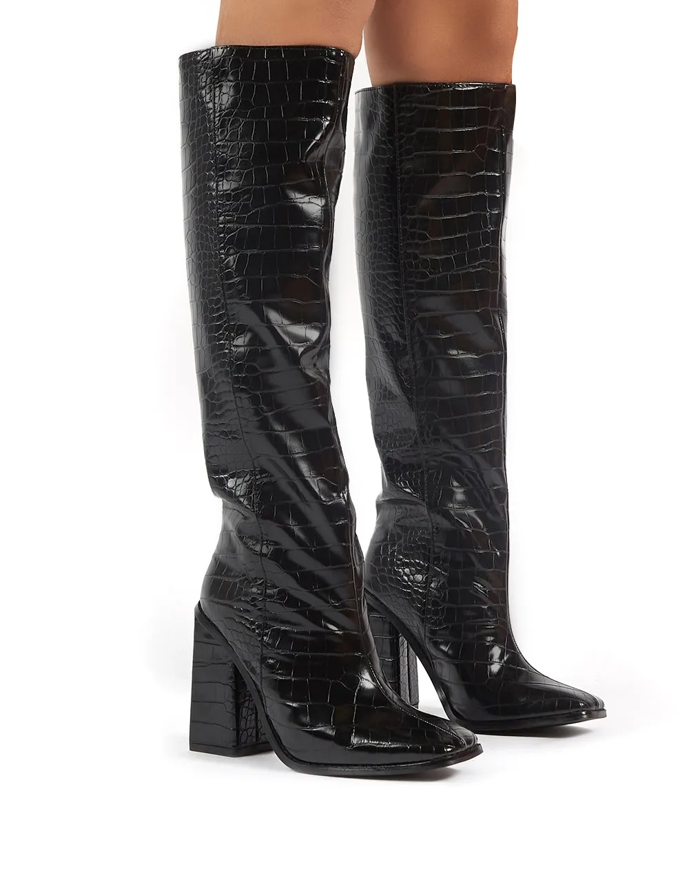 Zina Black Croc Square Toe Block Heeled Knee High Boots sold by Public Desire product image thumbnail 4