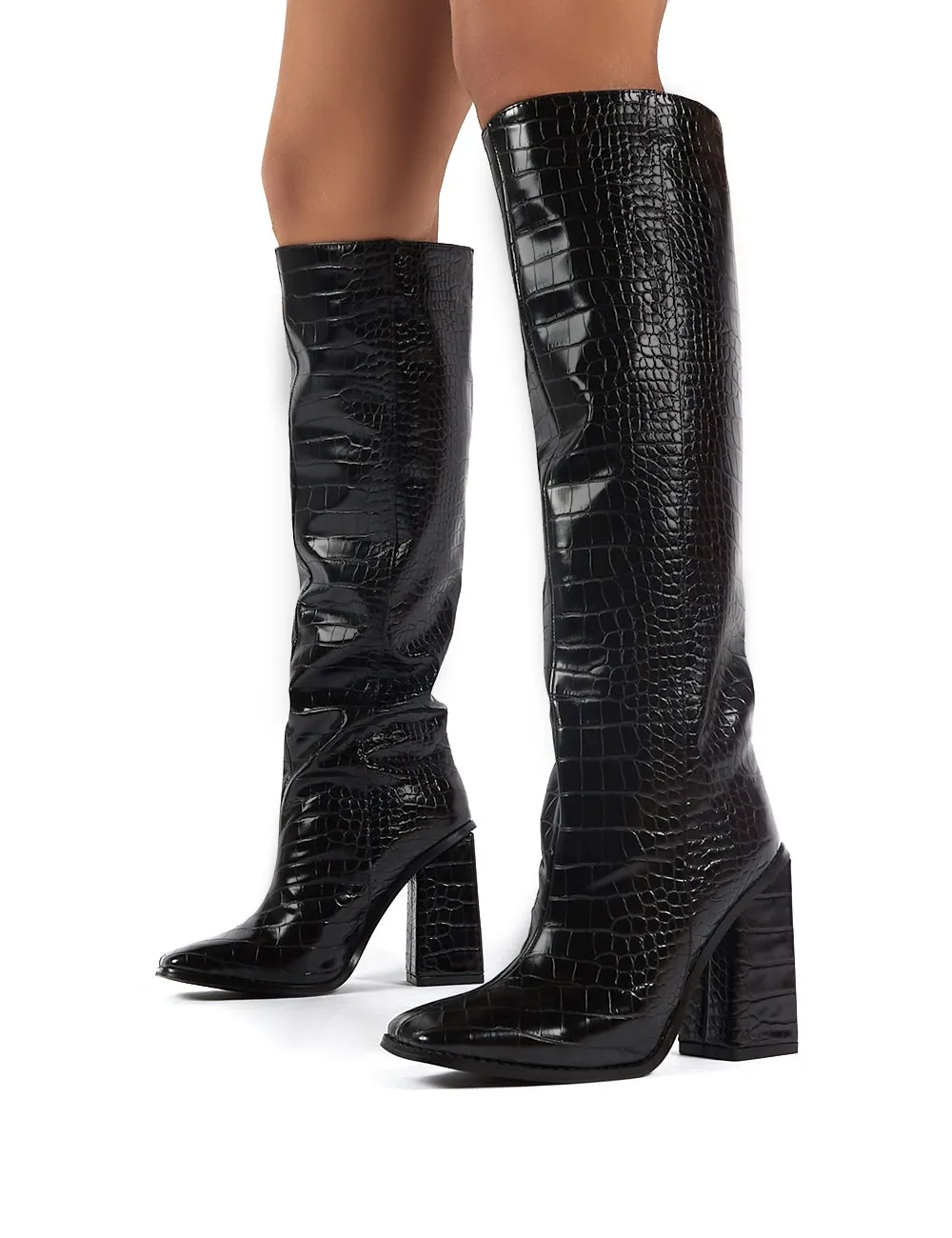 Zina Black Croc Square Toe Block Heeled Knee High Boots sold by Public Desire product image thumbnail 2