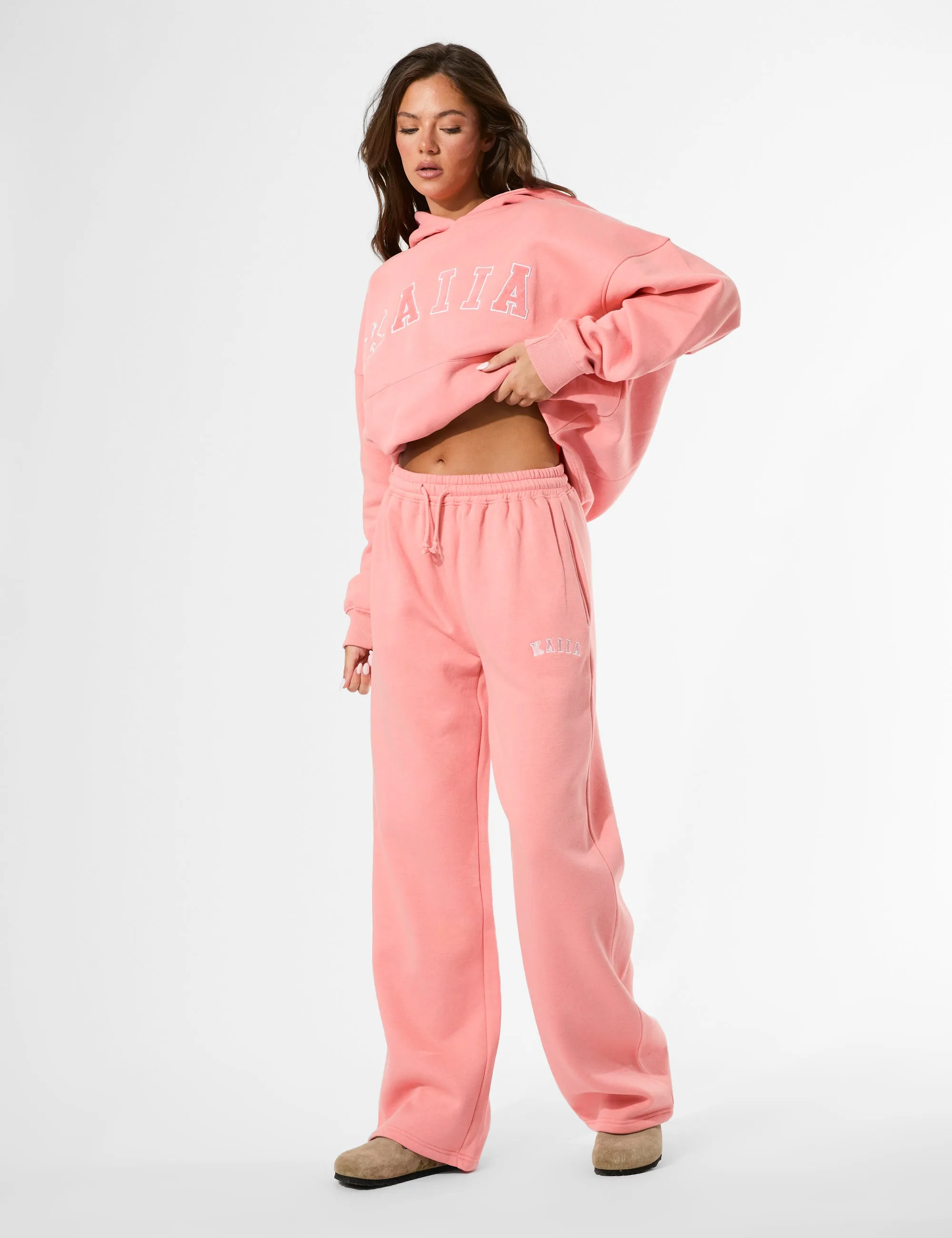 Kaiia Logo Wide Leg Joggers Bright Coral sold by Public Desire