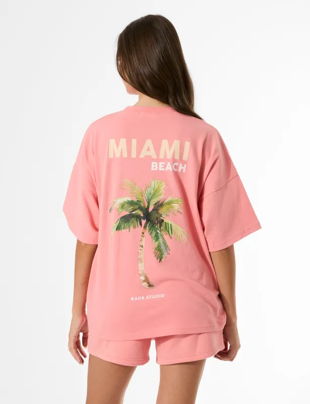 Kaiia Miami Beach Back Graphic Oversized T-Shirt Bright Coral sold by Public Desire