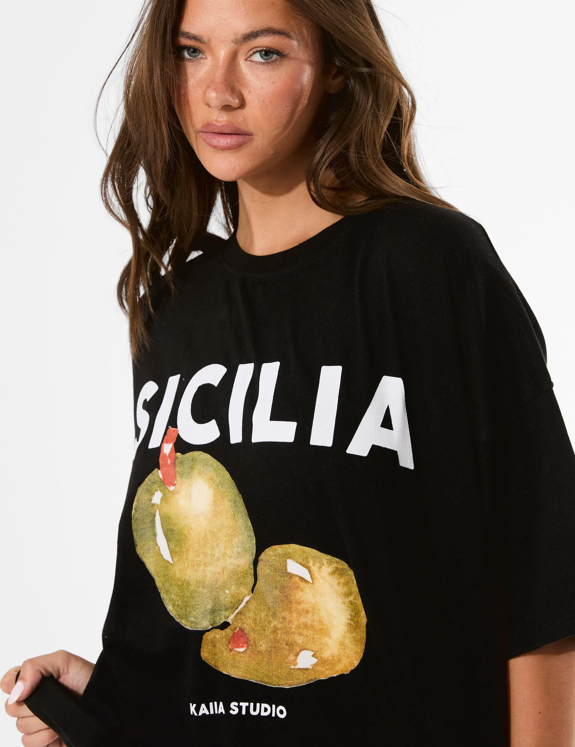 Kaiia Sicilia Olives Graphic Oversized T-Shirt Black sold by Public Desire product image thumbnail 3