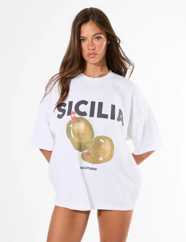 Kaiia Sicilia Olives Graphic Oversized T-Shirt White sold by Public Desire