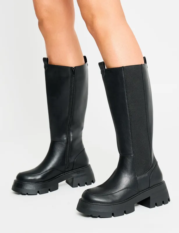 Bryant Black Pu Chunky Sole Elasticated Knee High Boots sold by Public Desire