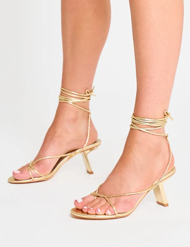 Birdie Gold Cracked Pu Lace Up Mid Heels sold by Public Desire