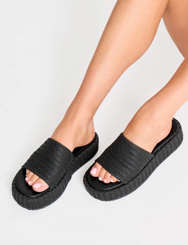 Sangria Black Woven Flatform Sandals made by Public Desire