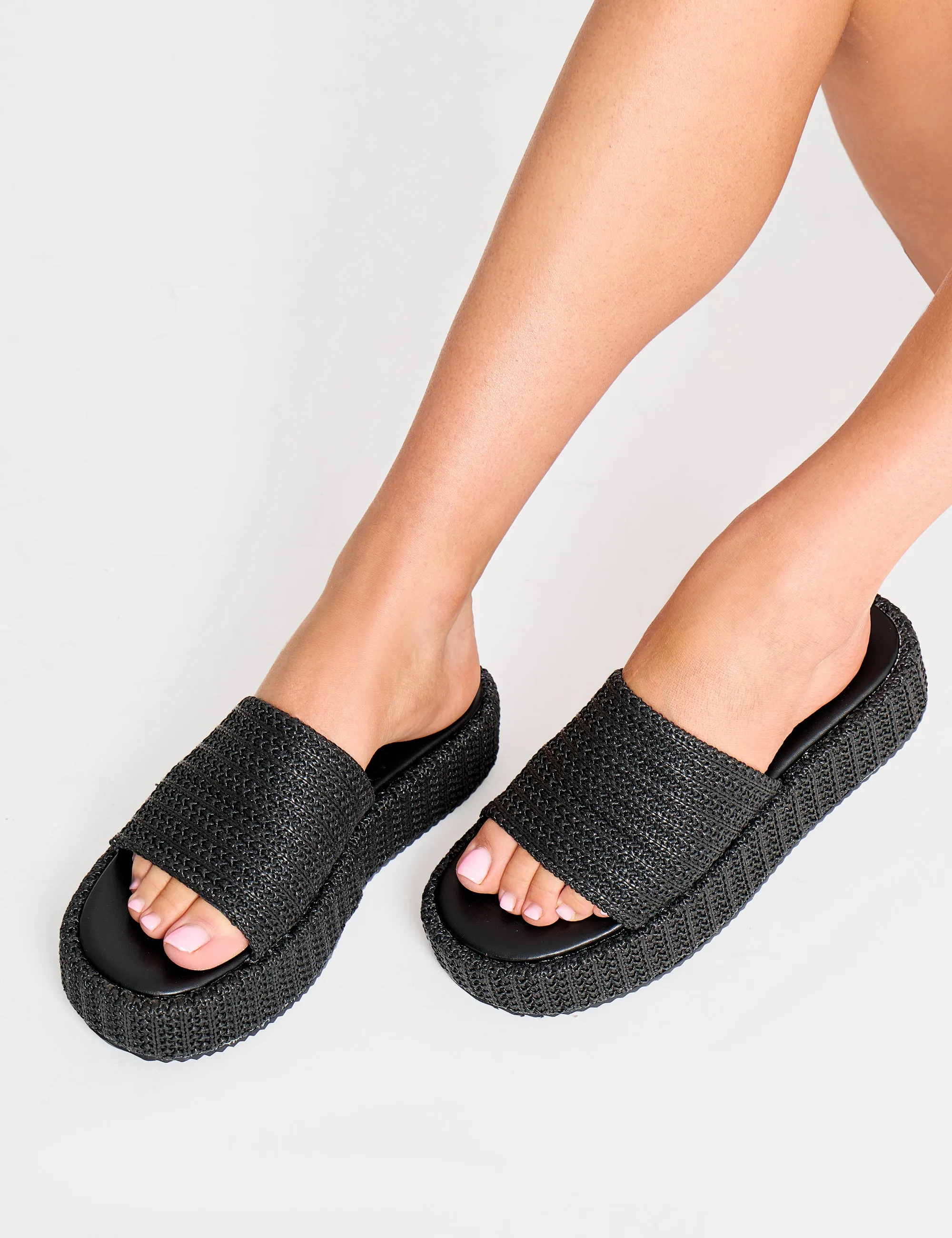 Sangria Black Woven Flatform Sandals sold by Public Desire