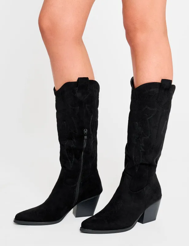 Uptown Girl Black Suedette Western Cowboy Knee High Boots sold by Public Desire