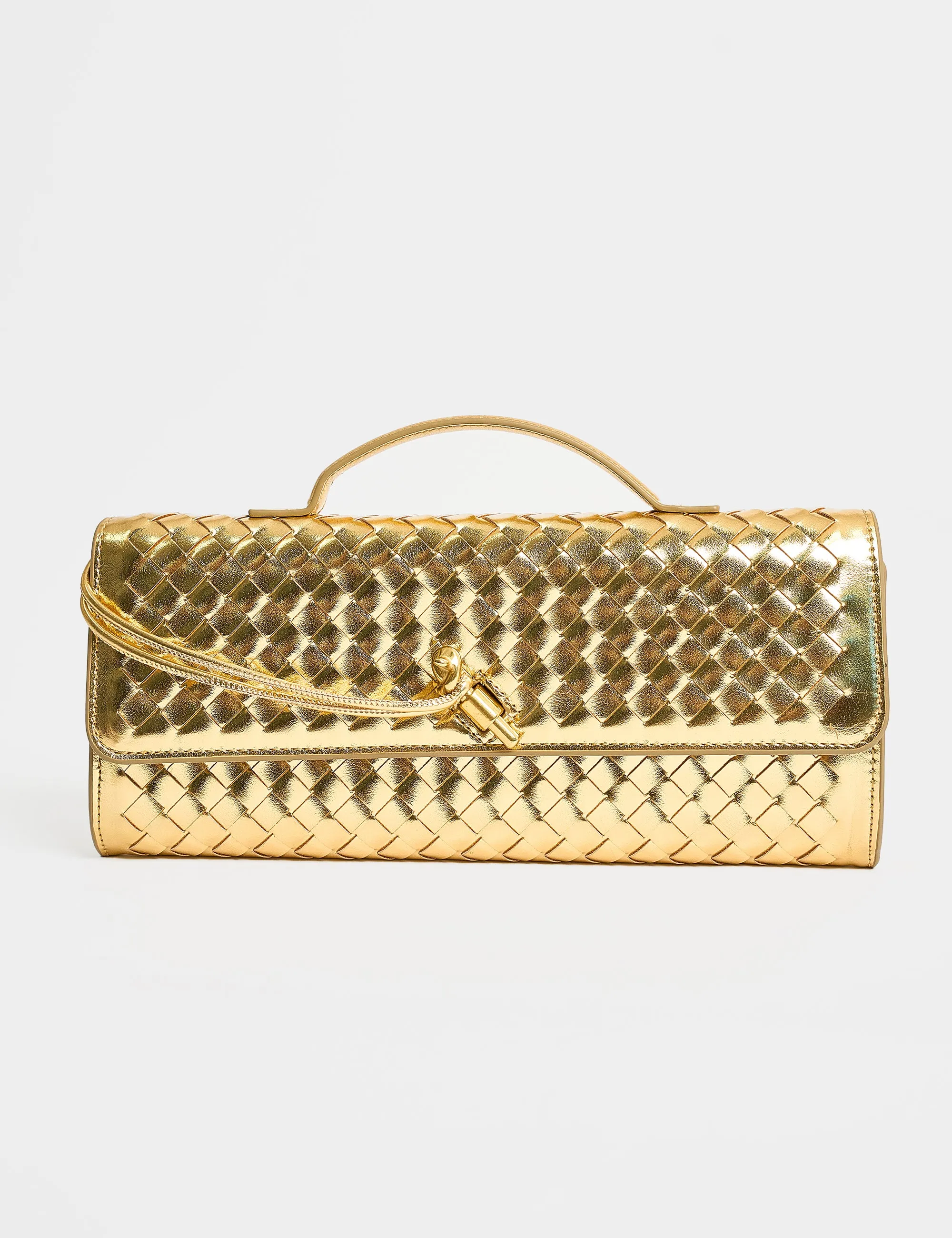The Rose Metallic Gold Weave Rectangle Clutch Bag sold by Public Desire