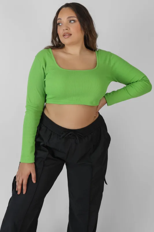 Curve Long Sleeve Square Neck Crop Top Green sold by Public Desire