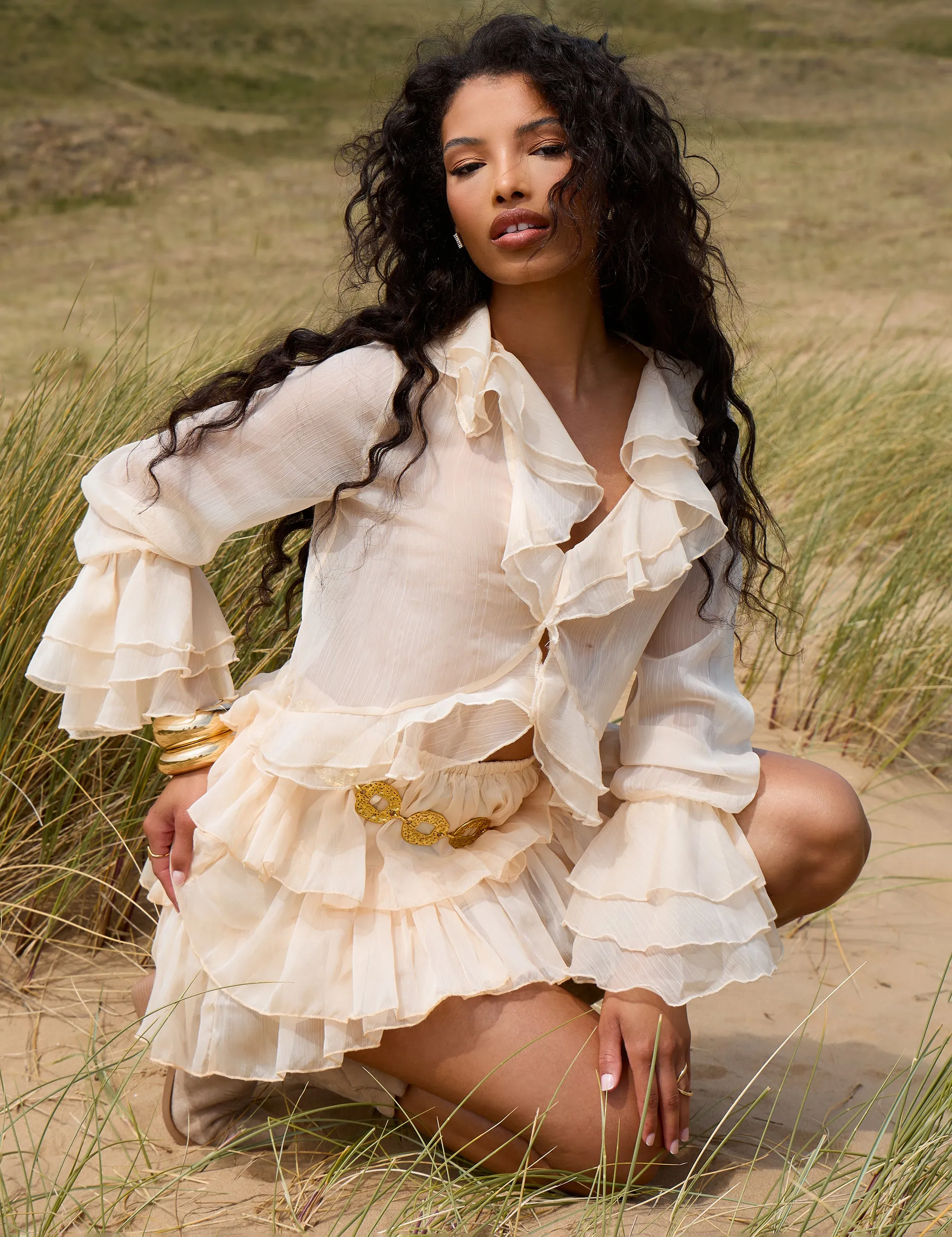 Sheer Ruffled Long Sleeve Crop Top Stone sold by Public Desire product image thumbnail 2