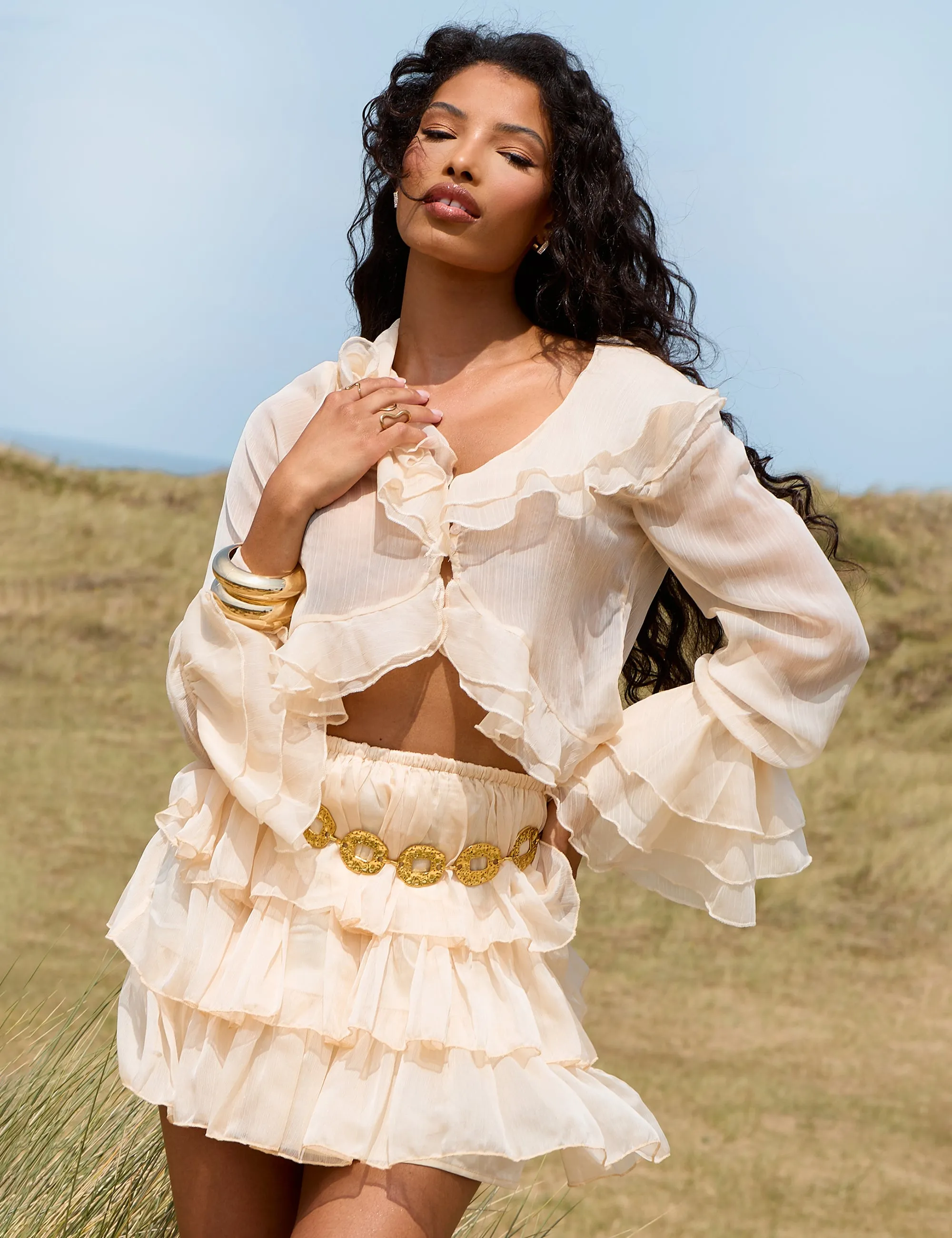 Sheer Ruffled Long Sleeve Crop Top Stone sold by Public Desire