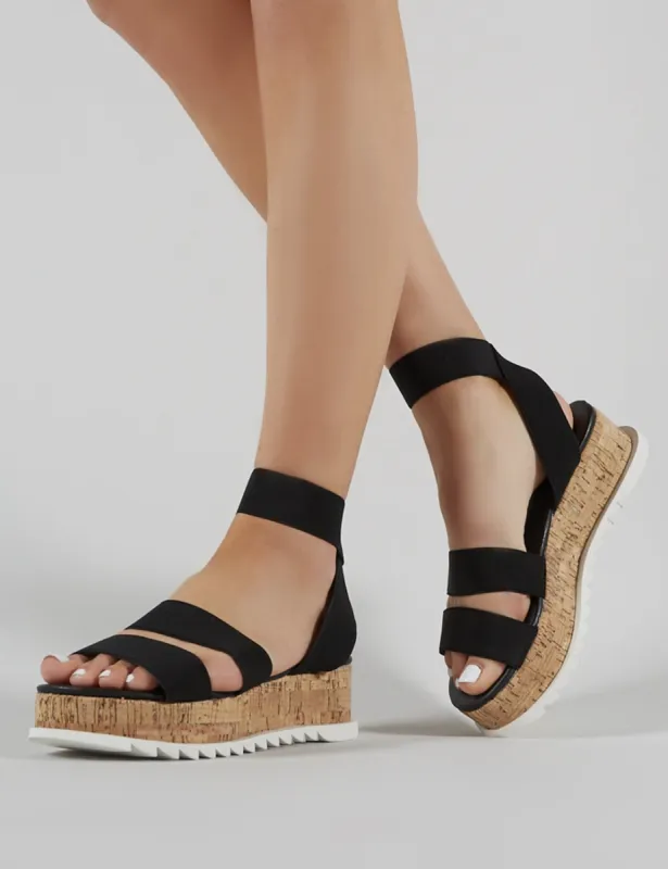 Cassie Elasticated Strappy Flatform Sandals in Black sold by Public Desire