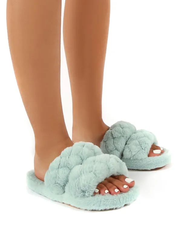 Minky Mint Fluffy Double Strap Slippers sold by Public Desire