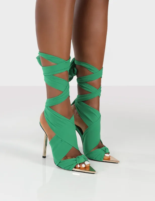 Huni Green Ribbon Tie Up Gold Stiletto Heels sold by Public Desire