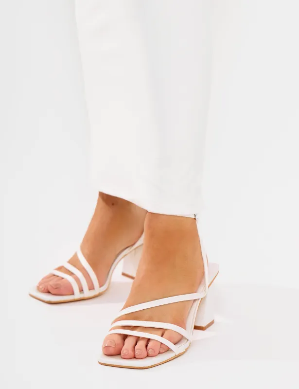 Robin White Strappy Square Toe Mid Block Heels made by Public Desire