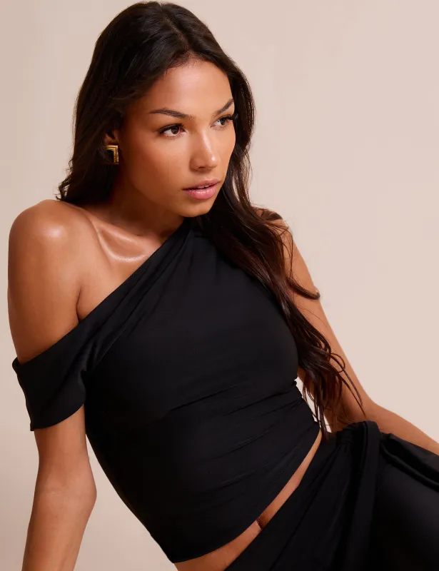 Asymmetric One Shoulder Luxe Slinky Top Black sold by Public Desire