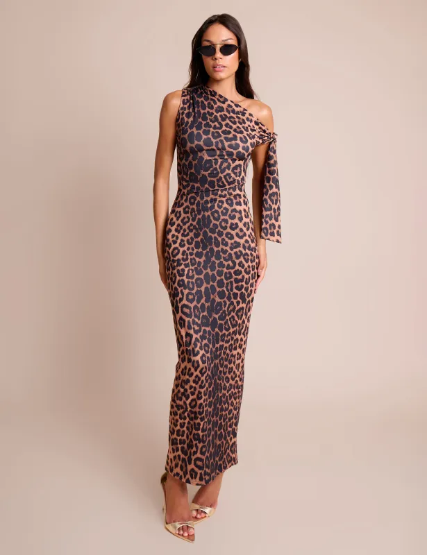 Knot Detail Asymmetric One Shoulder Luxe Slinky Maxi Dress Leopard sold by Public Desire