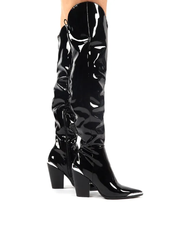 Honor Black Patent Western Block Heeled Knee High Boots sold by Public Desire