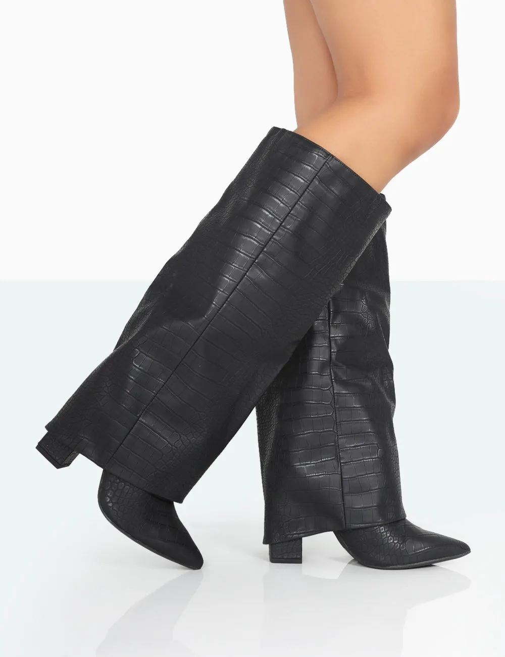 Zendaya Wide Fit Matt Black Croc Pointed Toe Knee High Boots sold by Public Desire product image thumbnail 2