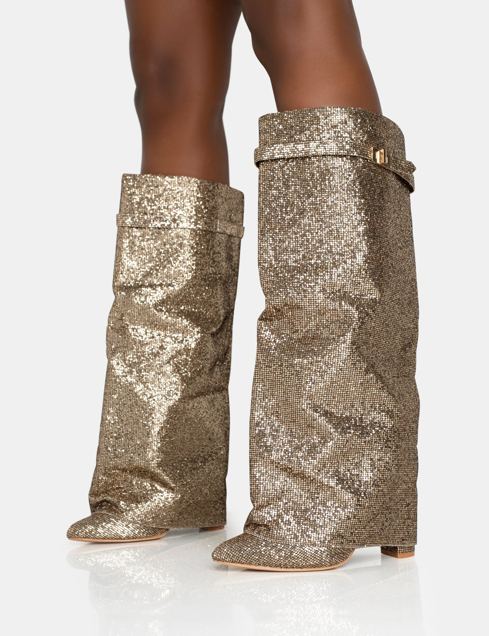 Echo Gold Glitter Twist Lock Detail Fold Over Pointed Toe Knee High Boots sold by Public Desire product image thumbnail 3