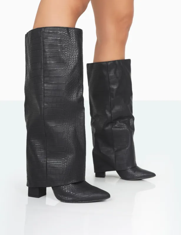 Zendaya Wide Fit Matt Black Croc Pointed Toe Knee High Boots sold by Public Desire