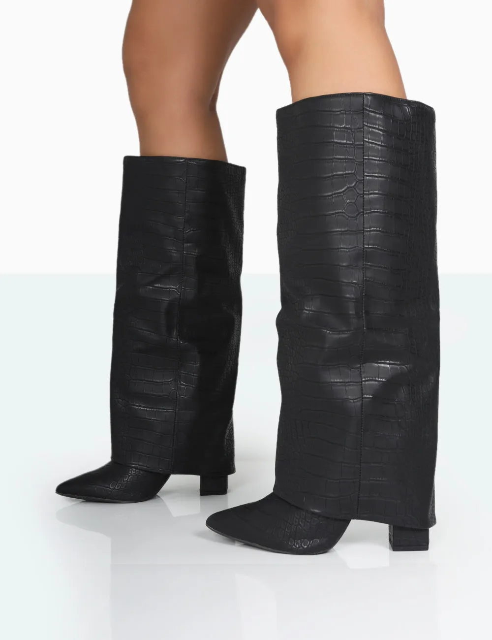 Zendaya Wide Fit Matt Black Croc Pointed Toe Knee High Boots sold by Public Desire product image thumbnail 3